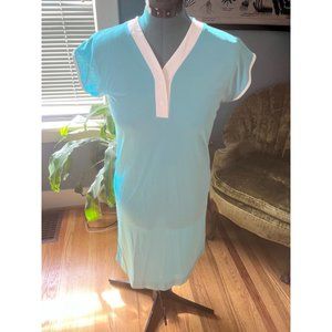 70s Mod Aqua Blue + White Colorblock Short Sleeve Pullover Midi Dress